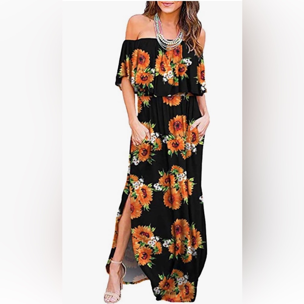 Off the Shoulder Sunflower Maxi Dress